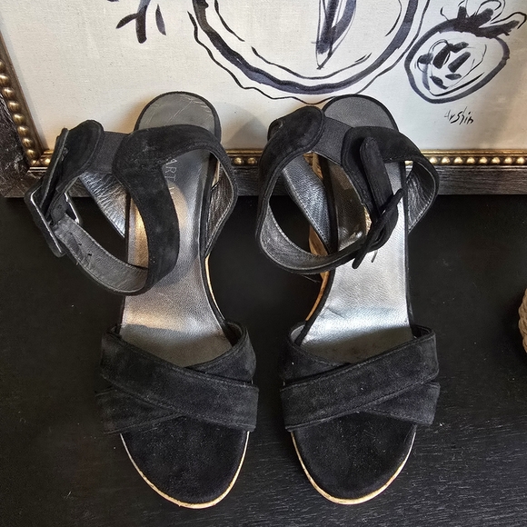 Stuart Weitzman Black Suede Platform Cork Wedge Sandals Size 6 - Picture 6 of 11